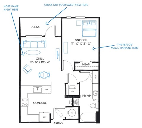 Floor plan for 1 bed, 1 bath, 694 sqft