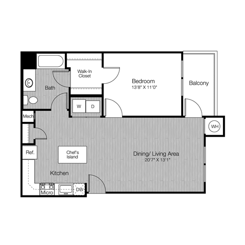 Floor plan for 1 bed, 1 bath, 784 sqft