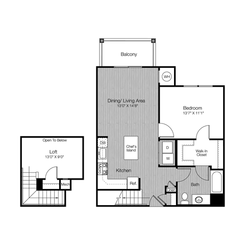 Floor plan for 1 bed, 1 bath, 898 sqft