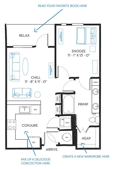 Floor plan for 1 bed, 1 bath, 728 sqft