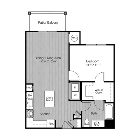 Floor plan for 1 bed, 1 bath, 781 sqft