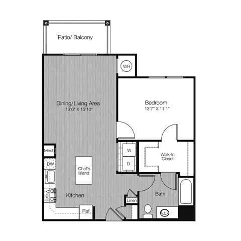 Floor plan for 1 bed, 1 bath, 781 sqft
