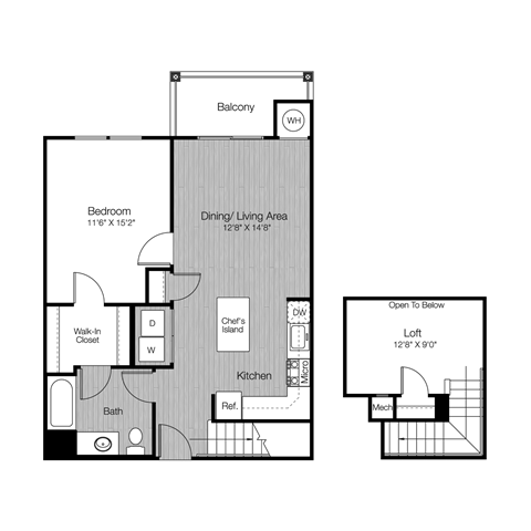 Floor plan for 1 bed, 1 bath, 876 sqft