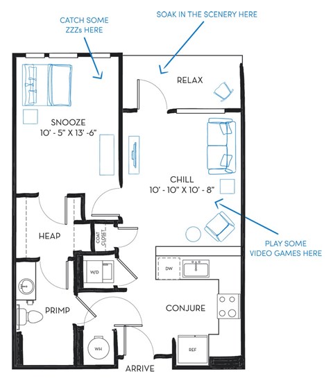 Floor plan for 1 bed, 1 bath, 657 sqft