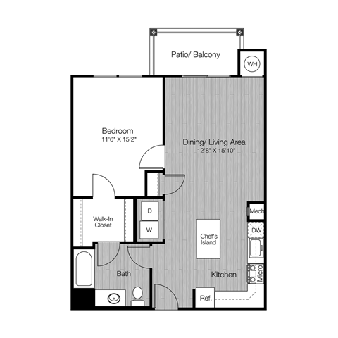 Floor plan for 1 bed, 1 bath, 762 sqft