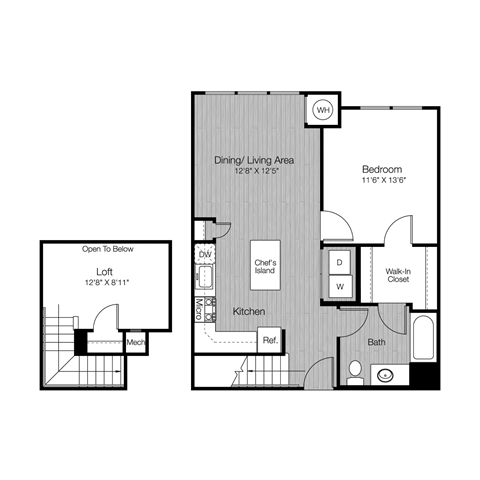 Floor plan for 1 bed, 1 bath, 848 sqft