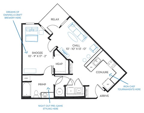Floor plan for 1 bed, 1 bath, 771 sqft