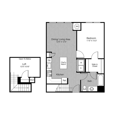 Floor plan for 1 bed, 1 bath, 859 sqft
