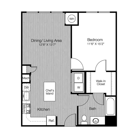 Floor plan for 1 bed, 1 bath, 750 sqft