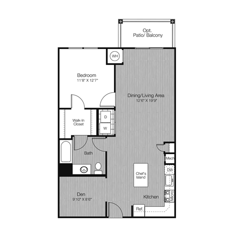 Floor plan for 1 bed, 1 bath, 904 sqft