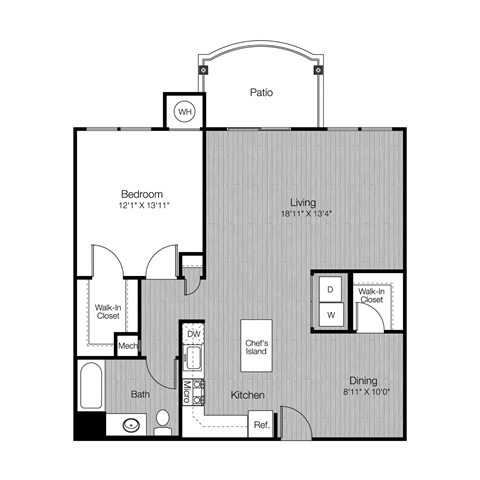 Floor plan for 1 bed, 1 bath, 970 sqft