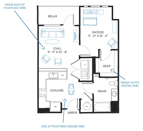 Floor plan for 1 bed, 1 bath, 691 sqft