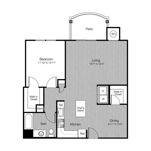 Floor plan for 1 bed, 1 bath, 963 sqft