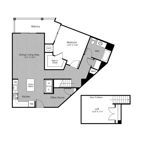 Floor plan for 1 bed, 1 bath, 1126 sqft