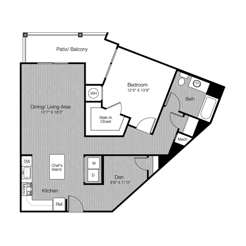 Floor plan for 1 bed, 1 bath, 966 sqft