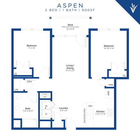 Floor plan for 2 beds, 1 bath, 900 sqft