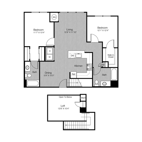 Floor plan for 2 beds, 2 baths, 1244 sqft