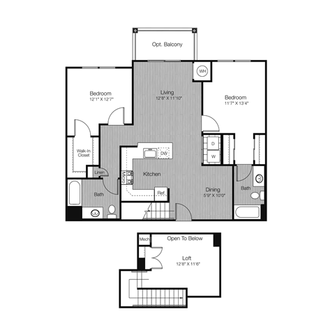 Floor plan for 2 beds, 2 baths, 1257 sqft
