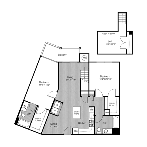 Floor plan for 2 beds, 2 baths, 1296 sqft