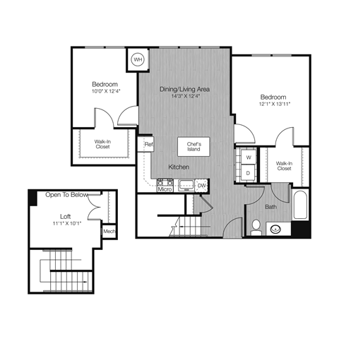 Floor plan for 2 beds, 1 bath, 1114 sqft