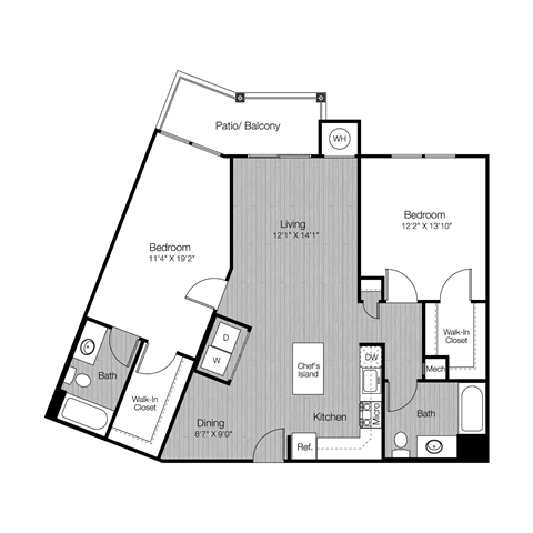 Floor plan for 2 beds, 2 baths, 1159 sqft