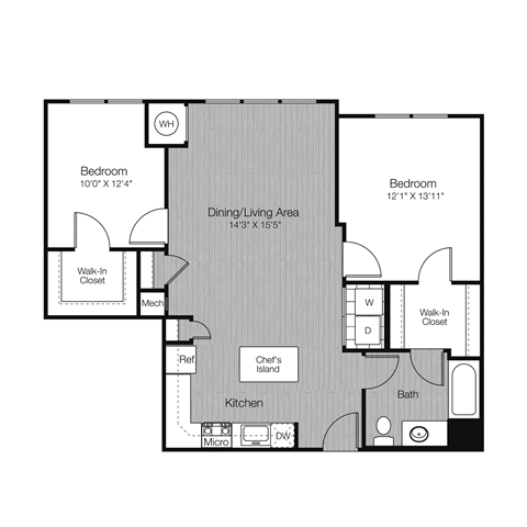 Floor plan for 2 beds, 1 bath, 996 sqft