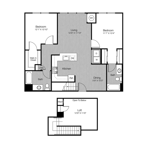 Floor plan for 2 beds, 2 baths, 1272 sqft