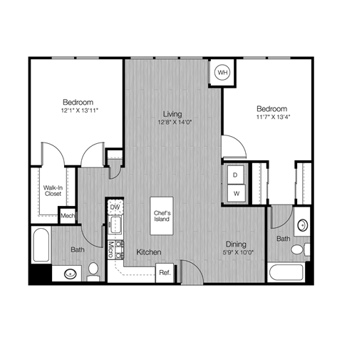 Floor plan for 2 beds, 2 baths, 1125 sqft