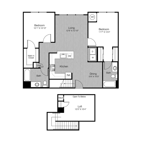 Floor plan for 2 beds, 2 baths, 1245 sqft
