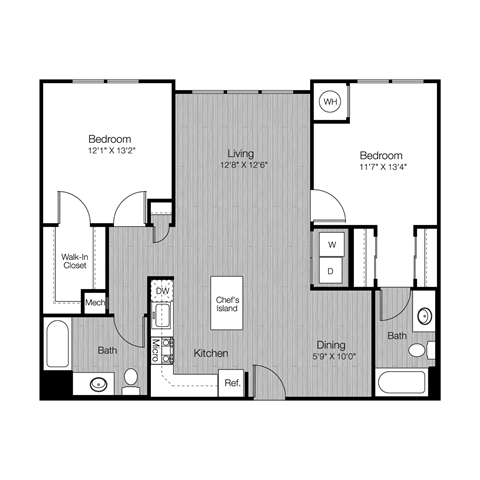 Floor plan for 2 beds, 2 baths, 1112 sqft
