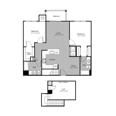 Floor plan for 2 beds, 2 baths, 1277 sqft