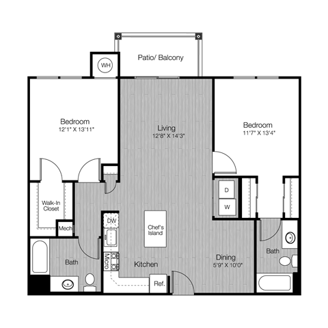 Floor plan for 2 beds, 2 baths, 1139 sqft