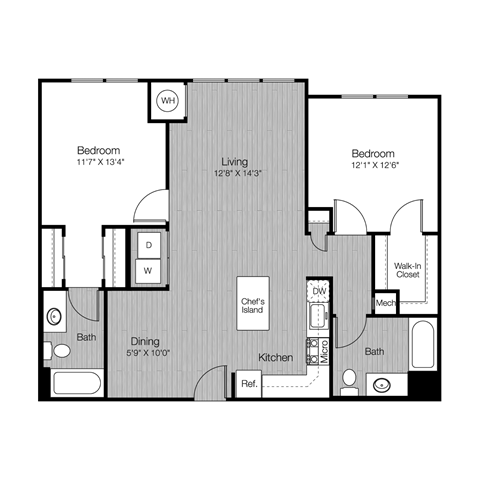 Floor plan for 2 beds, 2 baths, 1106 sqft