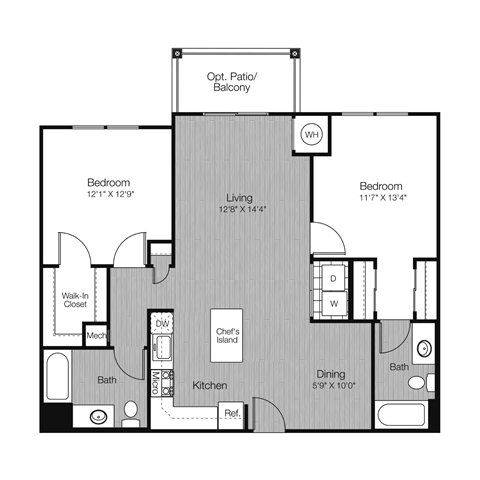 Floor plan for 2 beds, 2 baths, 1110 sqft