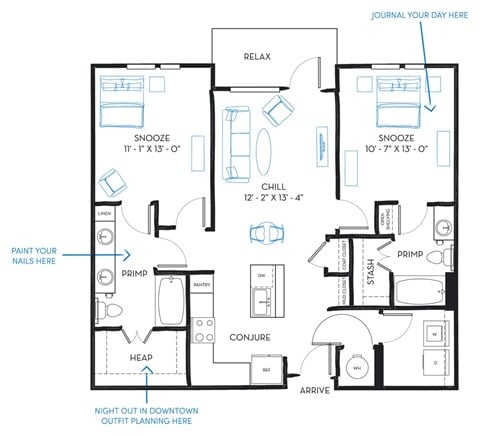 Floor plan for 2 beds, 2 baths, 1121 sqft