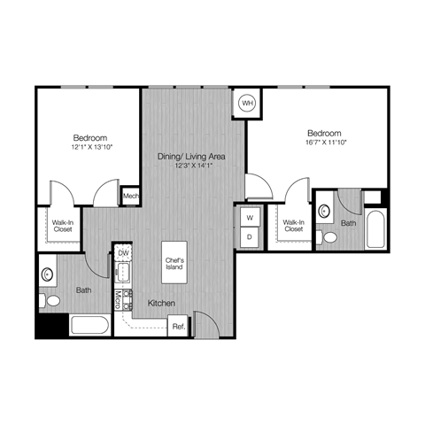 Floor plan for 2 beds, 2 baths, 1076 sqft