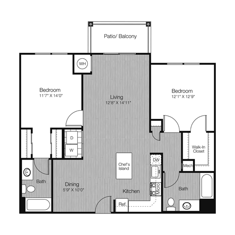 Floor plan for 2 beds, 2 baths, 1126 sqft
