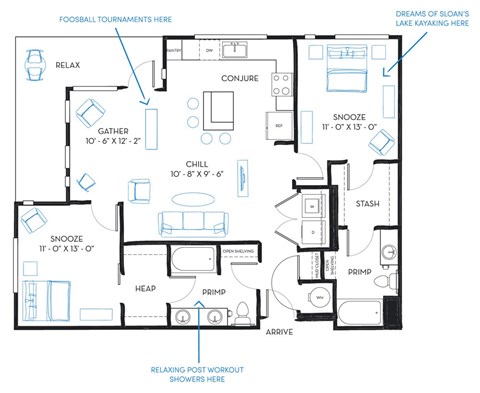 Floor plan for 2 beds, 2 baths, 1182 sqft