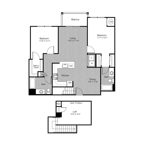 Floor plan for 2 beds, 2 baths, 1291 sqft