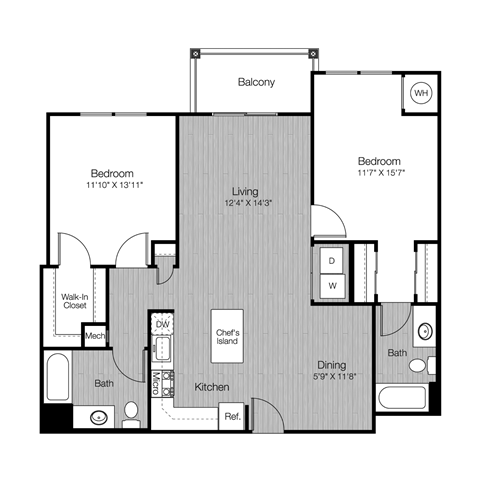 Floor plan for 2 beds, 2 baths, 1153 sqft