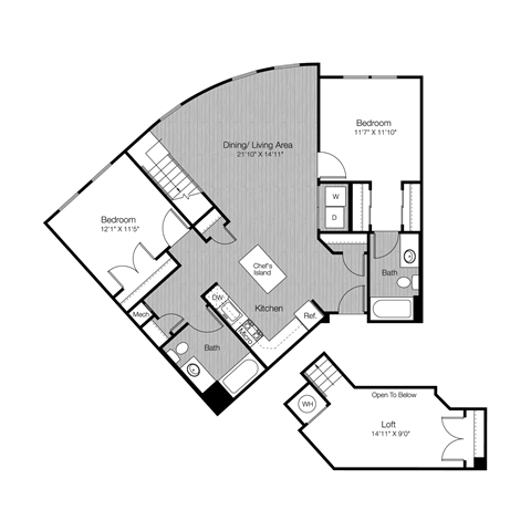 Floor plan for 2 beds, 2 baths, 1304 sqft