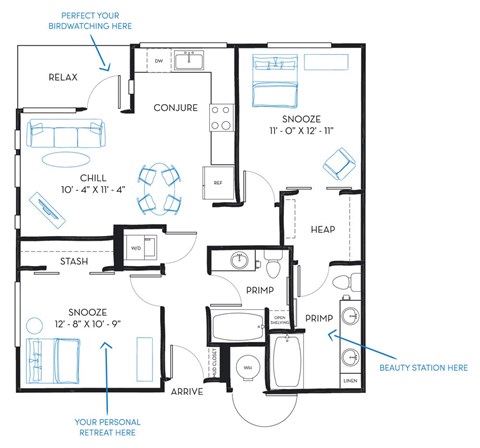 Floor plan for 2 beds, 2 baths, 958 sqft
