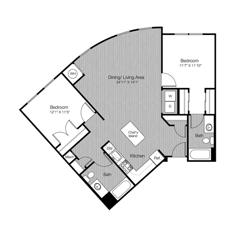 Floor plan for 2 beds, 2 baths, 1144 sqft