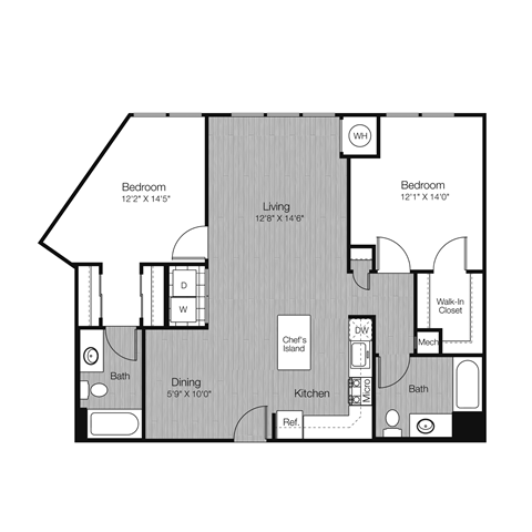 Floor plan for 2 beds, 2 baths, 1120 sqft