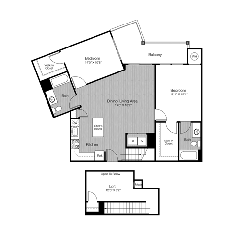 Floor plan for 2 beds, 2 baths, 1279 sqft