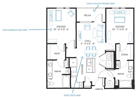 Floor plan for 2 beds, 2 baths, 1005 sqft