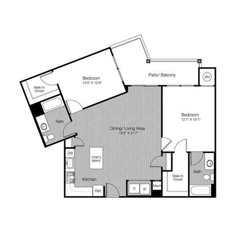 Floor plan for 2 beds, 2 baths, 1139 sqft