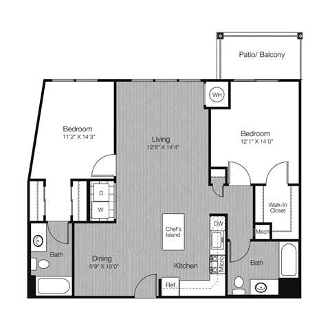 Floor plan for 2 beds, 2 baths, 1109 sqft