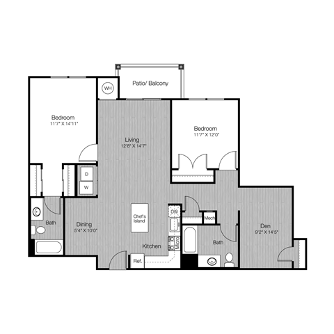 Floor plan for 2 beds, 2 baths, 1296 sqft
