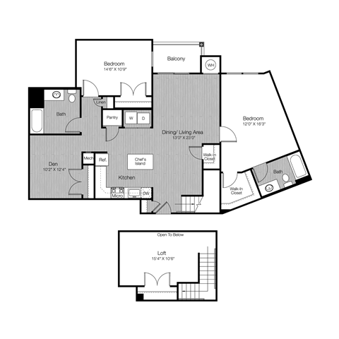 Floor plan for 2 beds, 2 baths, 1608 sqft